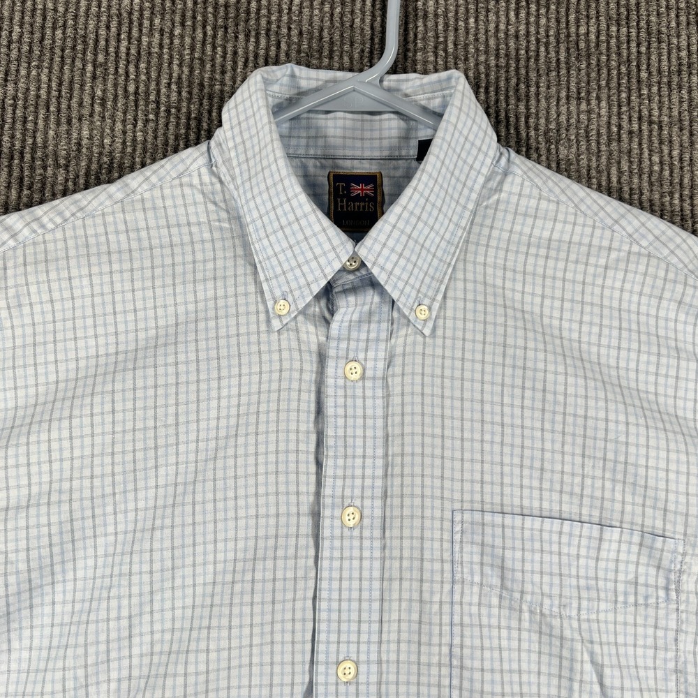 T. Harris Shirt Mens XL Extra Large Blue Check Short Sleeve Button Down Casual